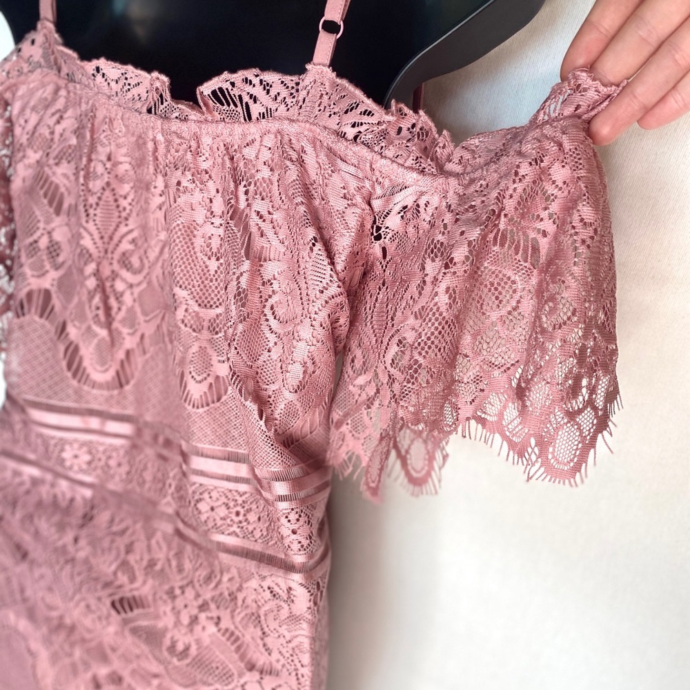SOLD Revolve Mauve Bardot Lace Dress - Picture 5 of 8